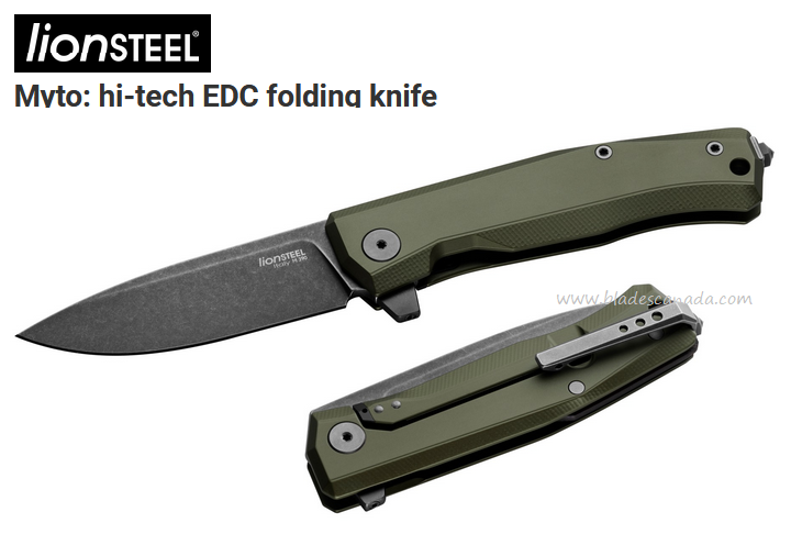 Lion Steel MT01A GB Myto Flipper Folding Knife, M390 Black SW, Aluminum Green